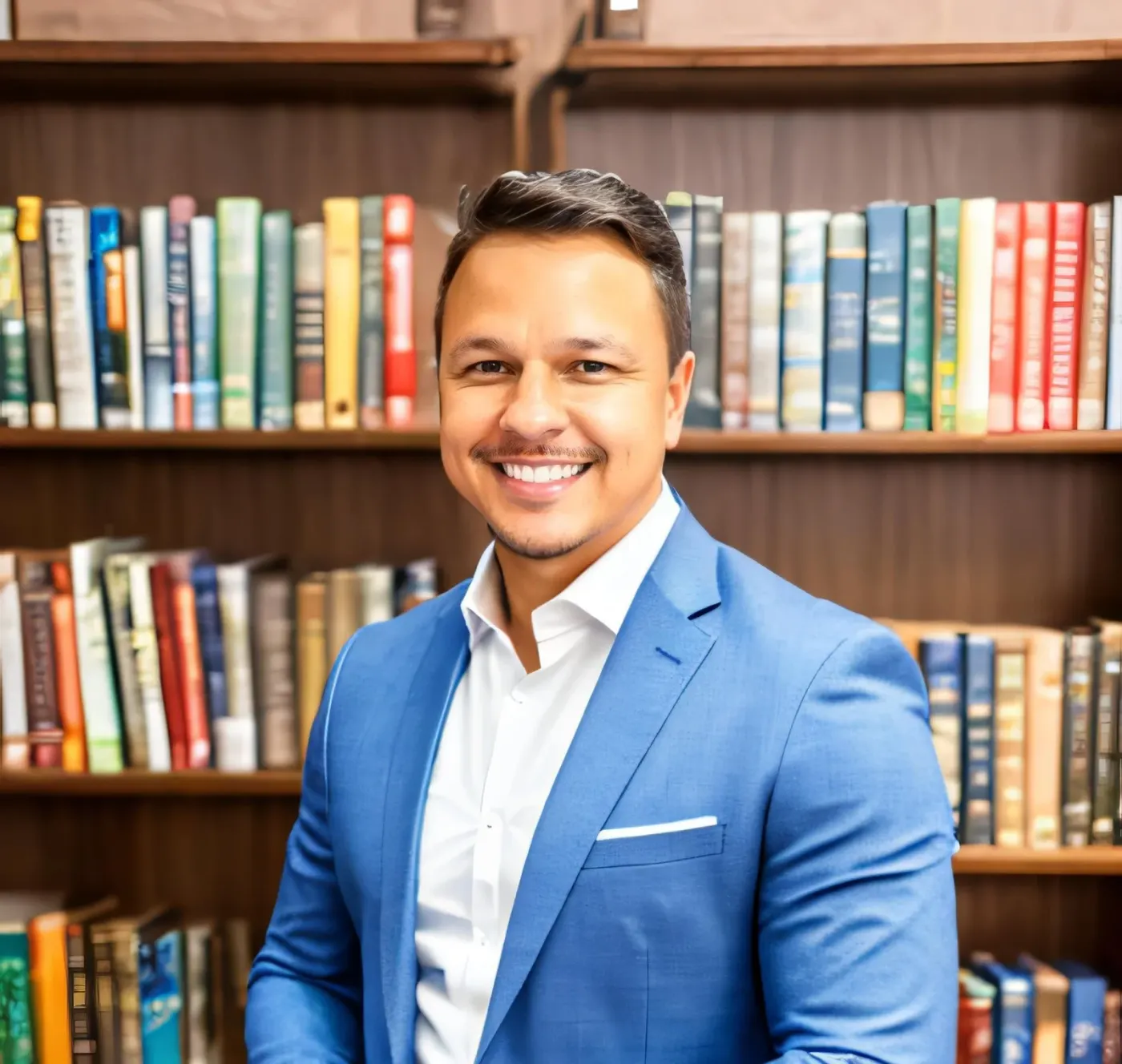 Winston Jesiel Pereira da Silva de terno azul, sorrindo, diante de uma estante